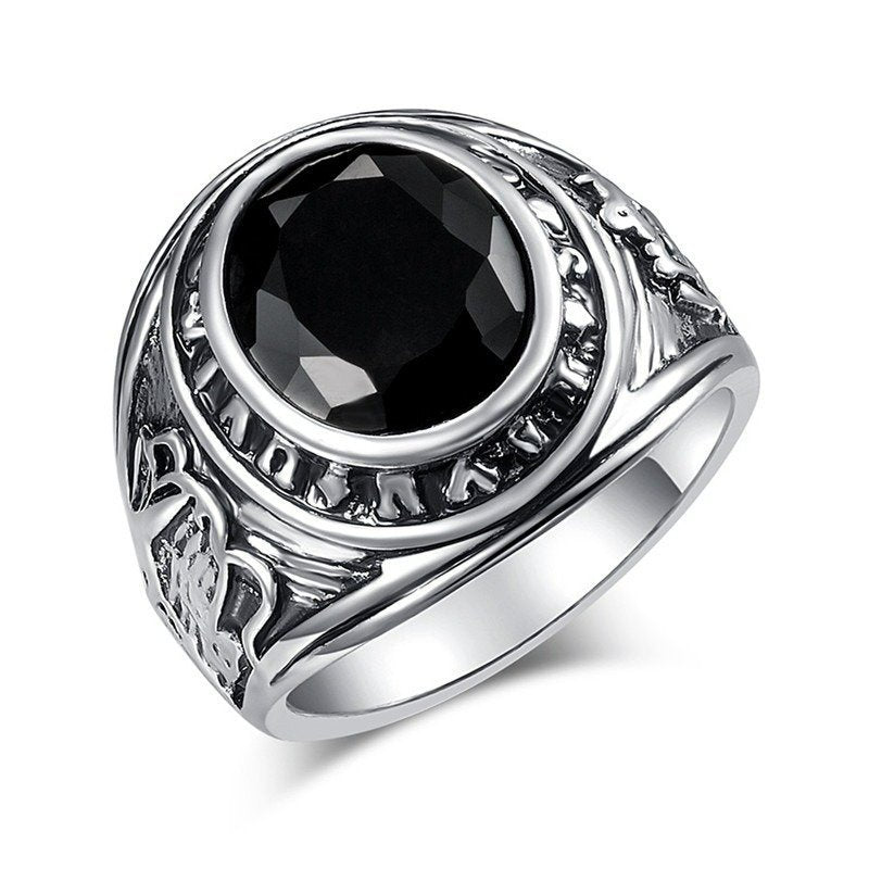Men's Retro Black Agate Resin Antique Silver Ring