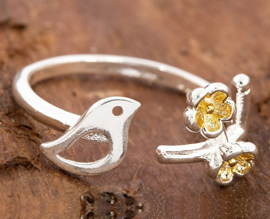 Sterling Silver Bird Yellow Flower Open Floral Ring