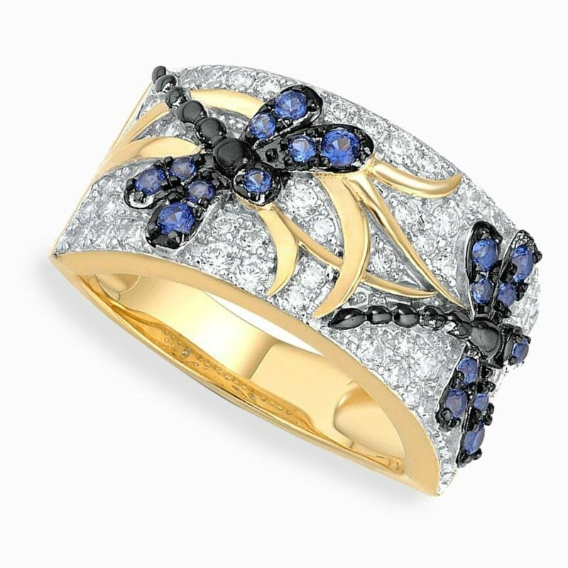 Blue Dragonfly Inlaid Crystal Gold Ring