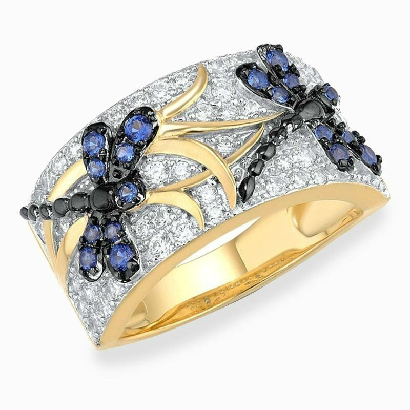 Blue Dragonfly Inlaid Crystal Gold Ring