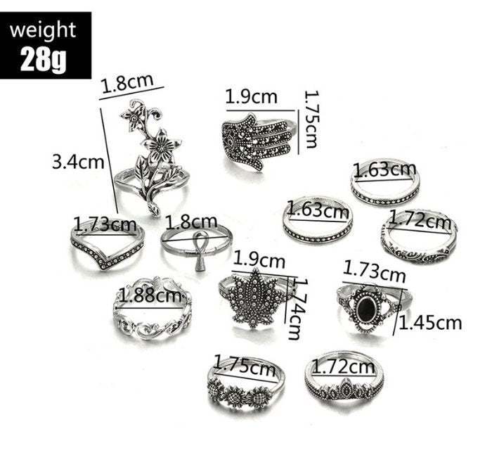 12pcs Retro Black Crescent Owl Antique Silver Ring Set