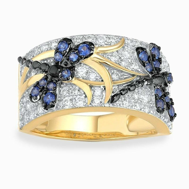 Blue Dragonfly Inlaid Crystal Gold Ring