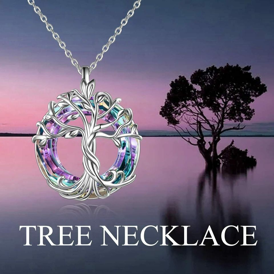 Purple Mystic Rainbow Tree of Life Circle Necklace