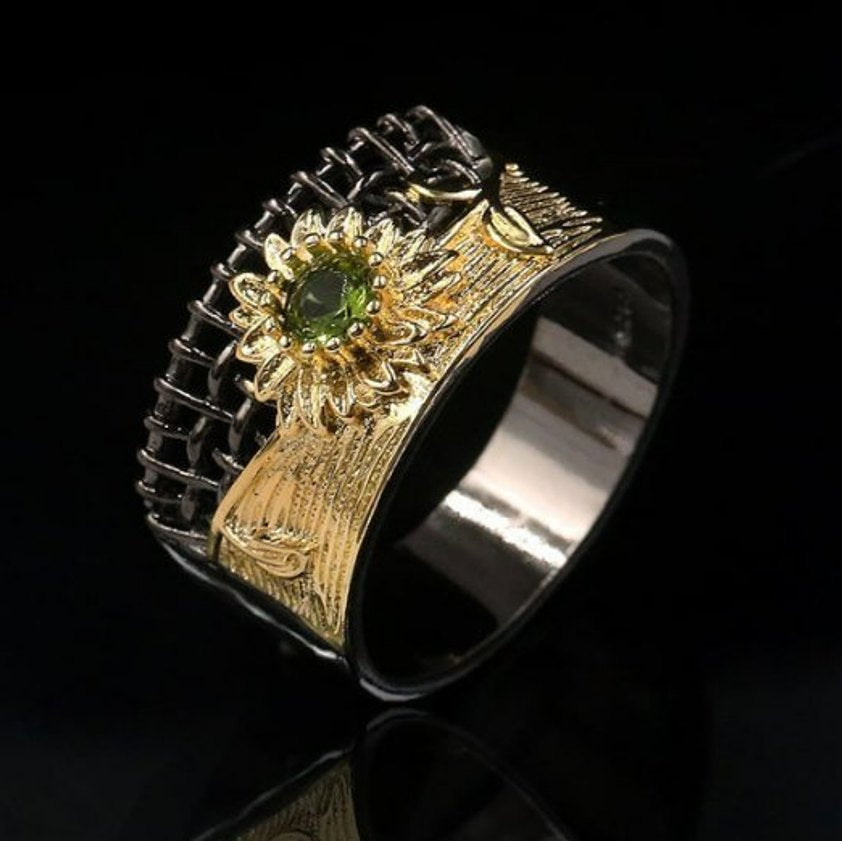 Carved Sunflower Micro Green Olivine Hollow Silver Ring