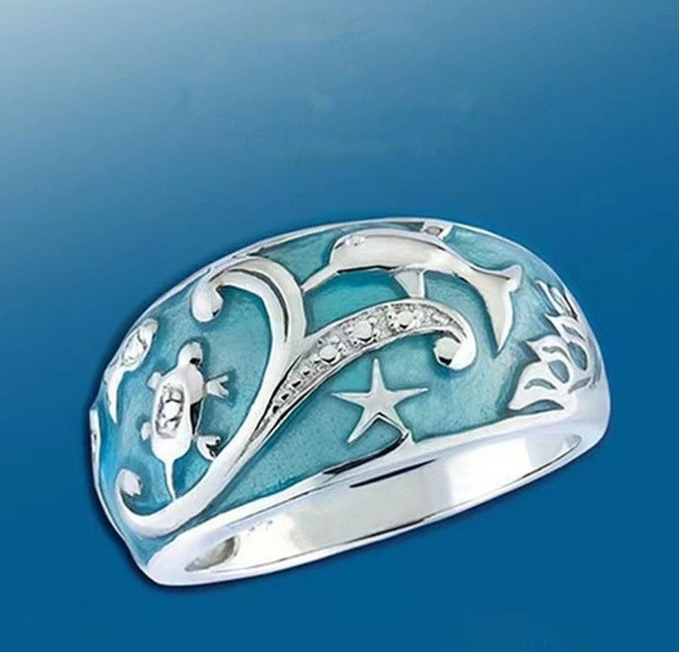 925 Sterling Silver Blue Ocean Dolphin Tortoise Ring