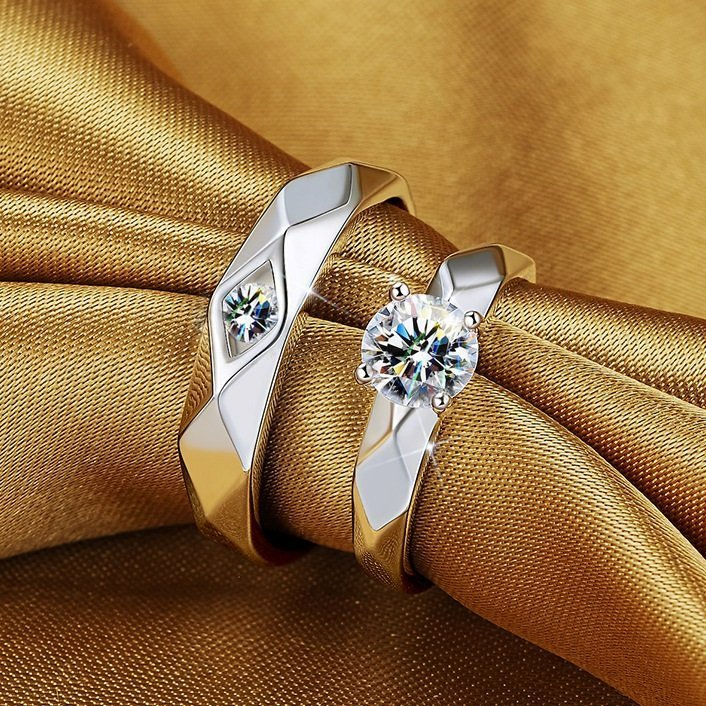 2pcs Rhombus Matching Open Silver Couple Rings