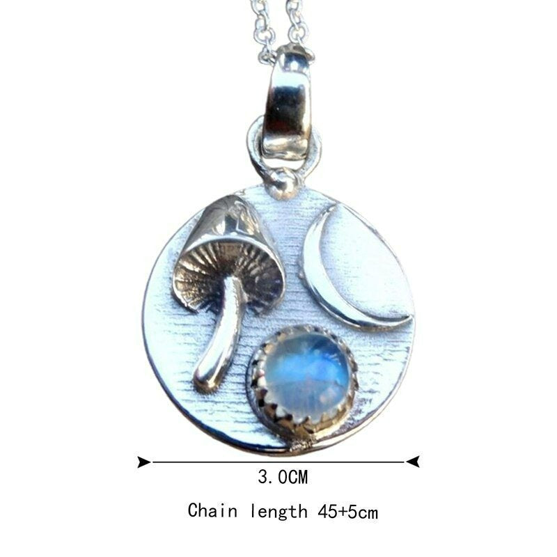 Vintage Rainbow Moonstone, Mushroom & Moon Necklace