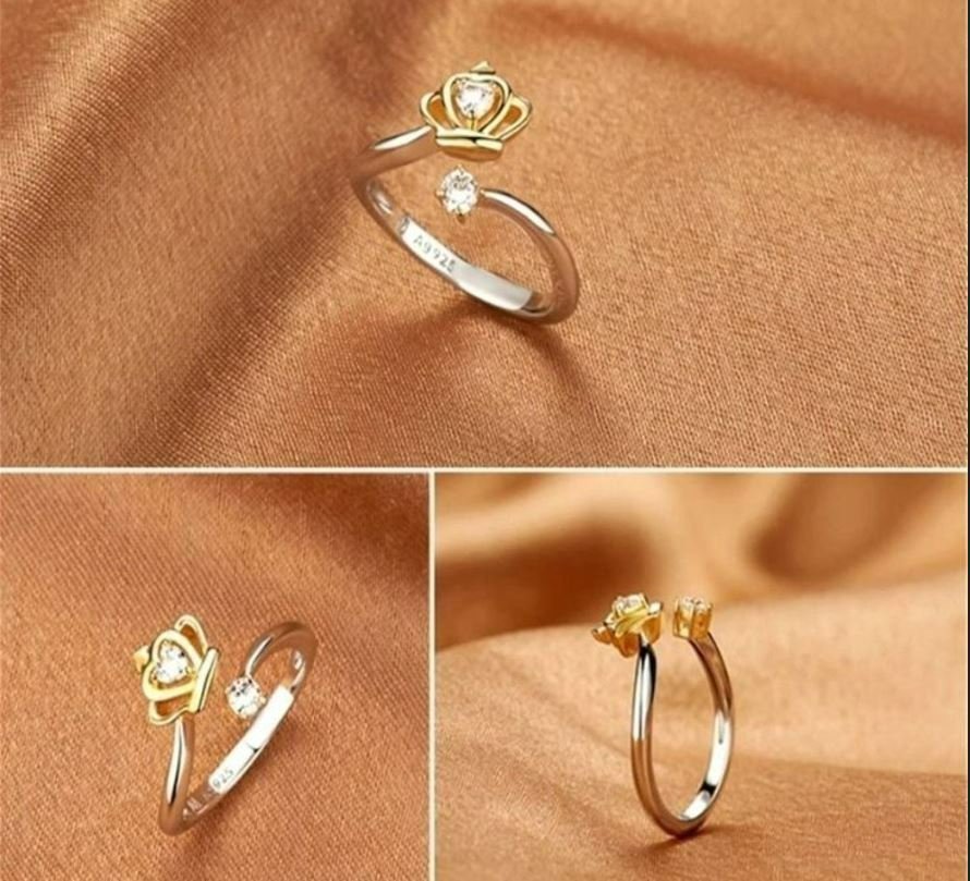 925 Sterling Silver Gold Queen Crown Open Ring