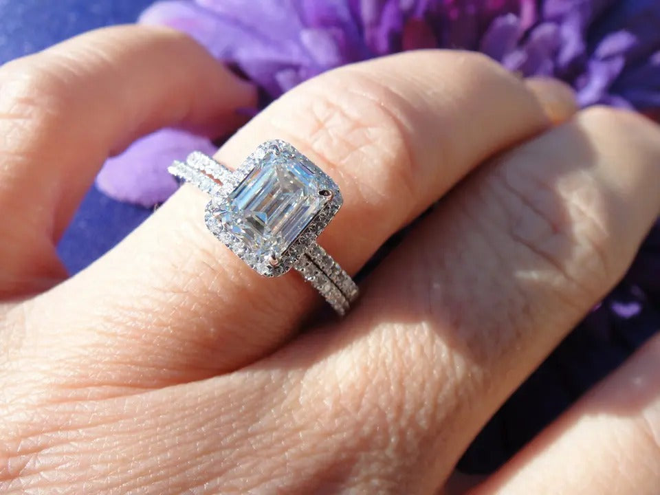 2pcs 10mm Emerald Cut Zircon Silver Engagement Ring