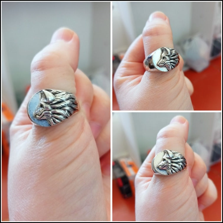 925 Sterling Silver Vintage Carved Wolf Head Retro Ring