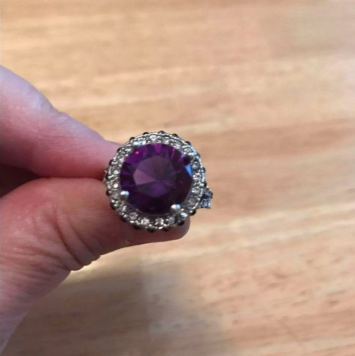 12mm Round Cut Purple Amethyst & CZ Crystal Silver Ring