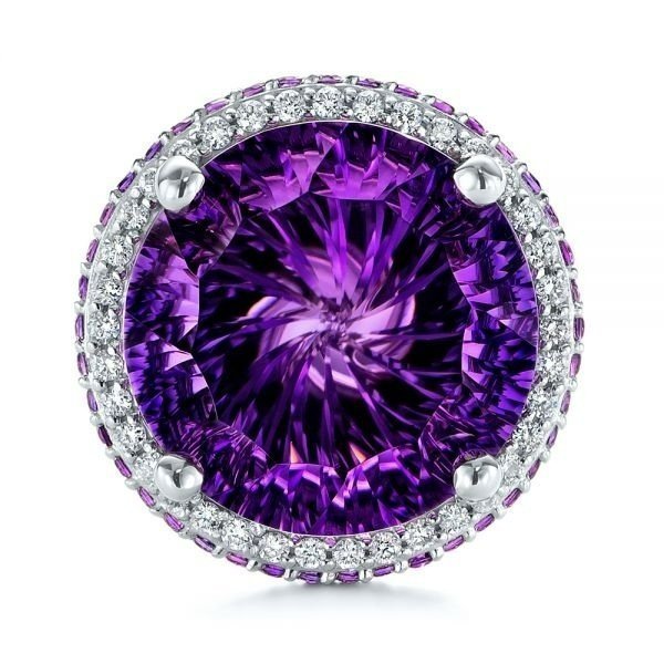 12mm Round Cut Purple Amethyst & CZ Crystal Silver Ring