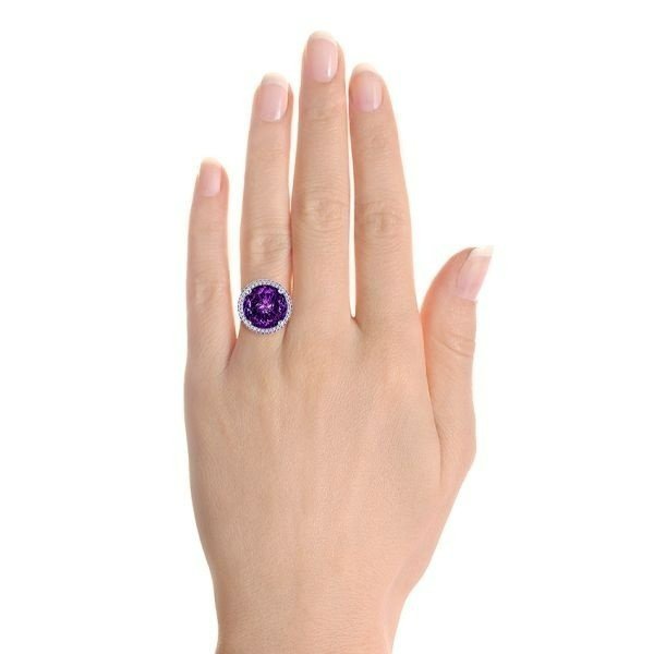 12mm Round Cut Purple Amethyst & CZ Crystal Silver Ring