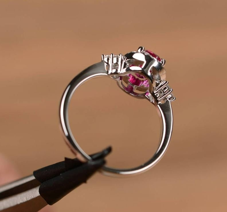 925 Sterling Silver Oval Ruby Red Halo Ring