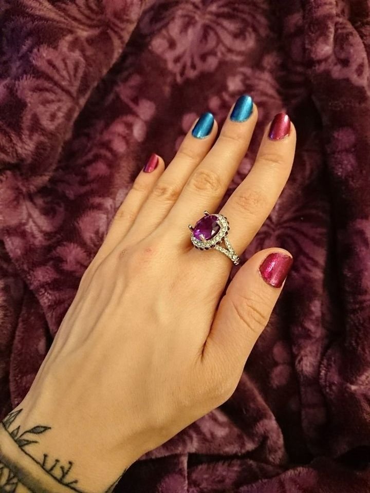 12mm Round Cut Purple Amethyst & CZ Crystal Silver Ring