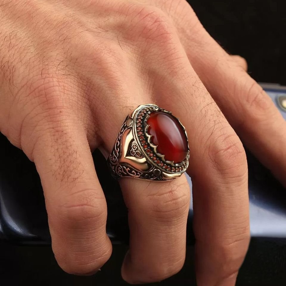 Men's Retro Handmade Turkish Red Agate Gemstone Two Tone Ring
