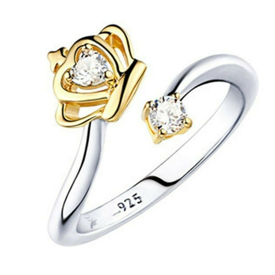 925 Sterling Silver Gold Queen Crown Open Ring