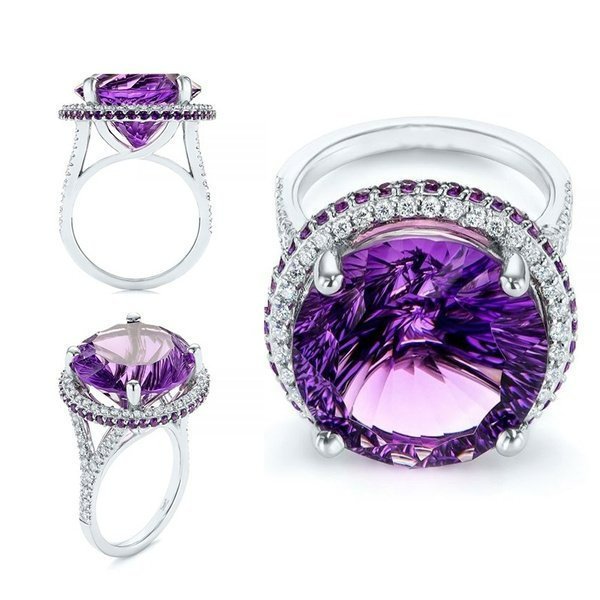 12mm Round Cut Purple Amethyst & CZ Crystal Silver Ring