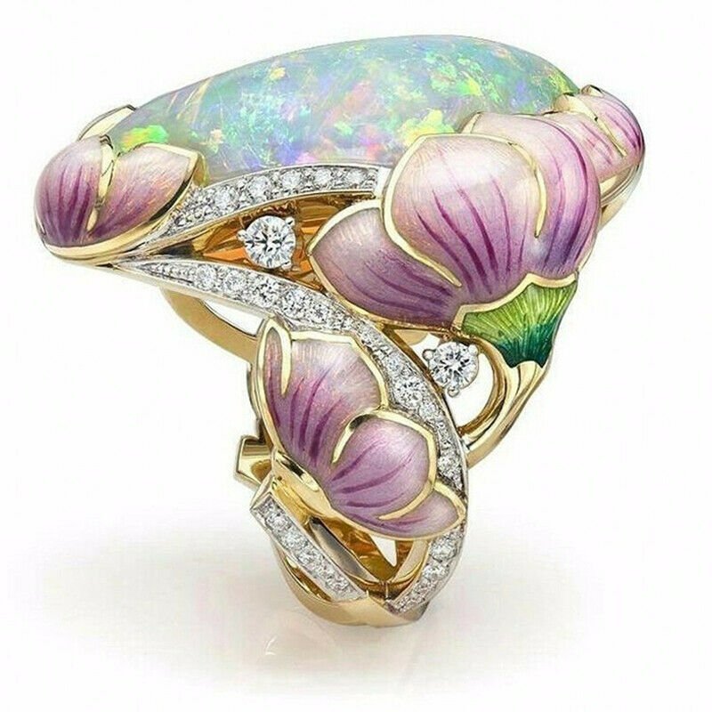 Floral Fuchsia Oval White Opal Gold Ring