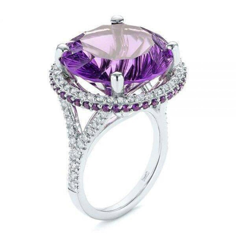 12mm Round Cut Purple Amethyst & CZ Crystal Silver Ring