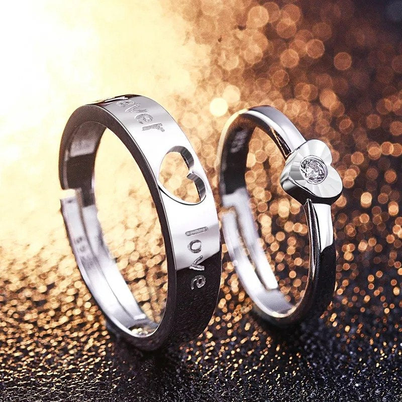 2pcs Sterling Silver Hollow Heart Matching Couple Rings