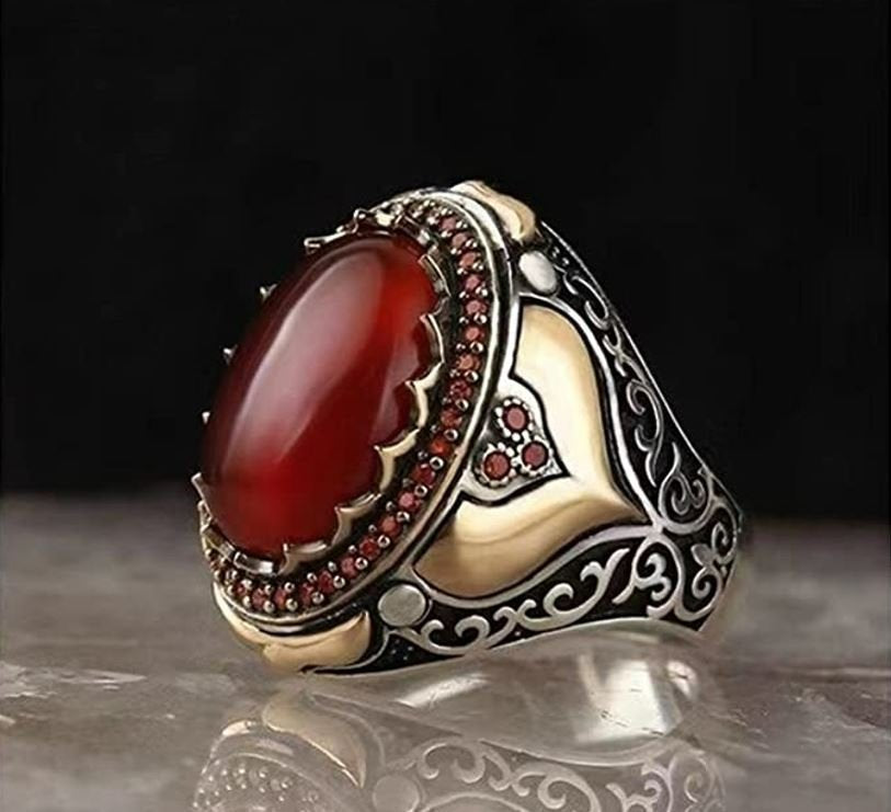 Men's Retro Handmade Turkish Red Agate Gemstone Two Tone Ring