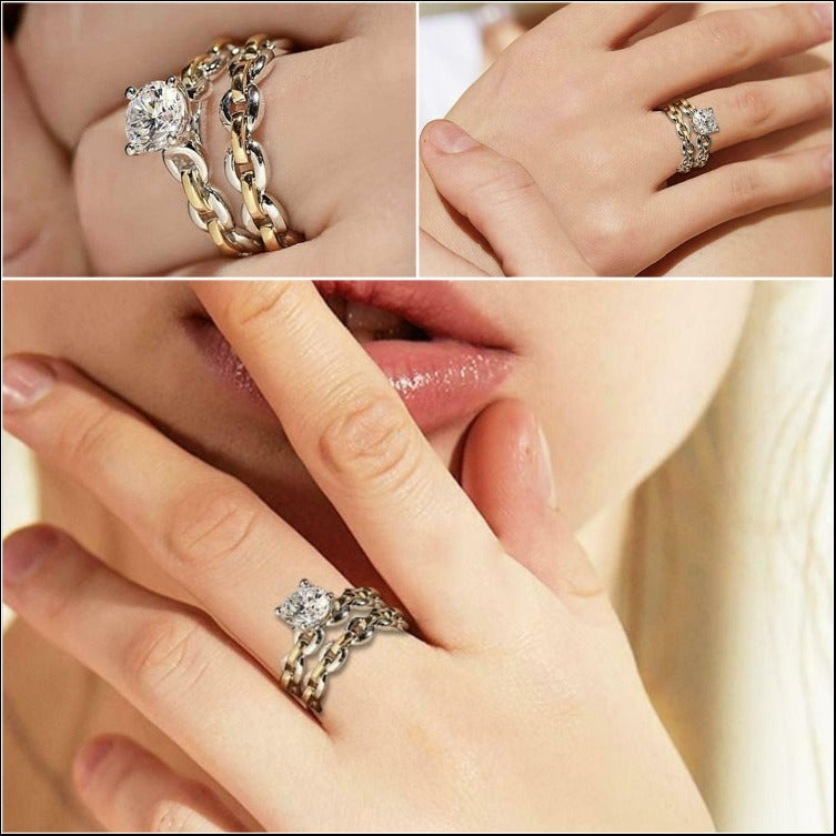 2pcs Silver Lovers White Gemstone Two Tone Link Chain Ring Set