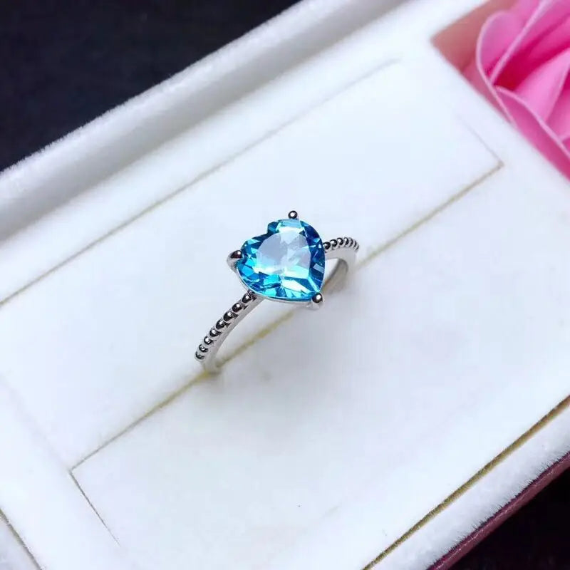 925 Sterling Silver Blue Aquamarine Heart Shaped Ring