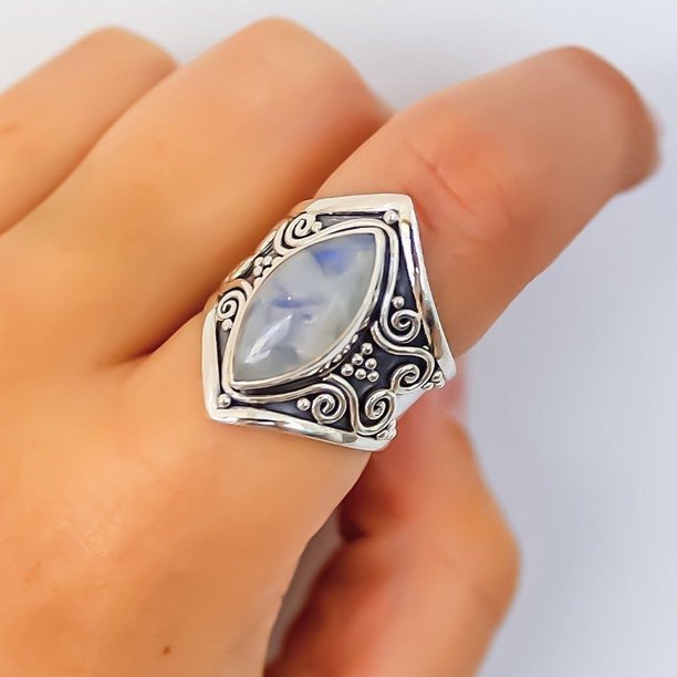 Vintage Boho Marquise Blue Moonstone Antique Silver Ring