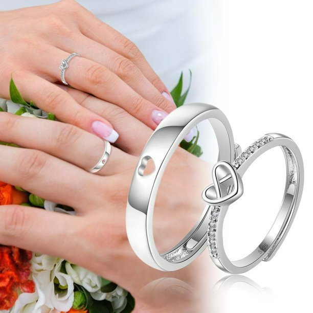 2pcs Sterling Silver Hollow Heart Matching Couple Ring Set