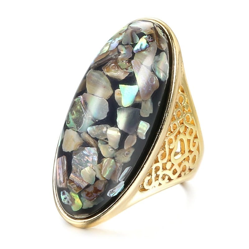 Colorful Shells Artificial Coral Big Oval Bohemian Gold Ring