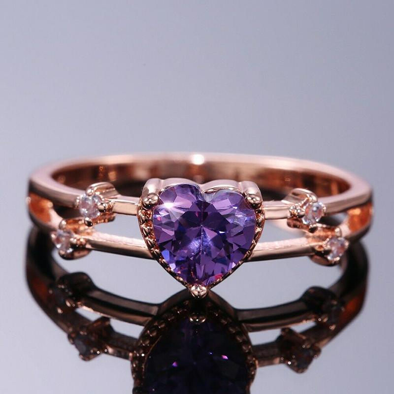 Sterling Silver Rose Gold Inlaid Purple Heart-Shape Ring