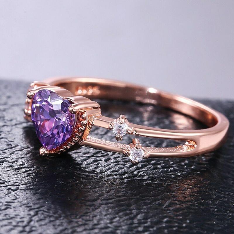 Sterling Silver Rose Gold Inlaid Purple Heart-Shape Ring