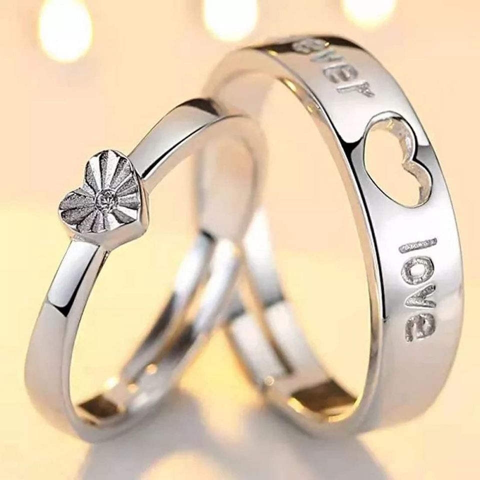2pcs Sterling Silver Hollow Heart Matching Couple Rings