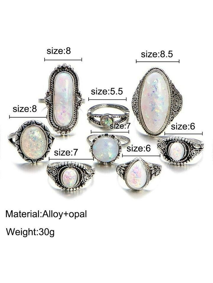 8pcs Vintage White Opal Antique Silver Ring Set