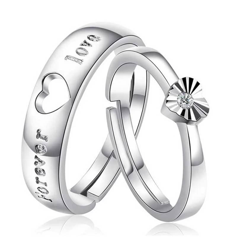2pcs Sterling Silver Hollow Heart Matching Couple Rings
