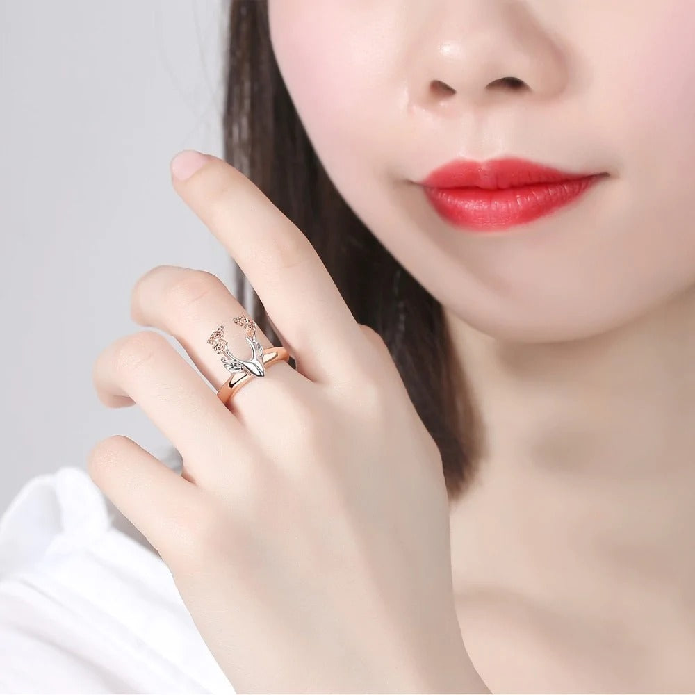 Deer Antler Pink Flower Rose Gold & Silver Two Tone Ring