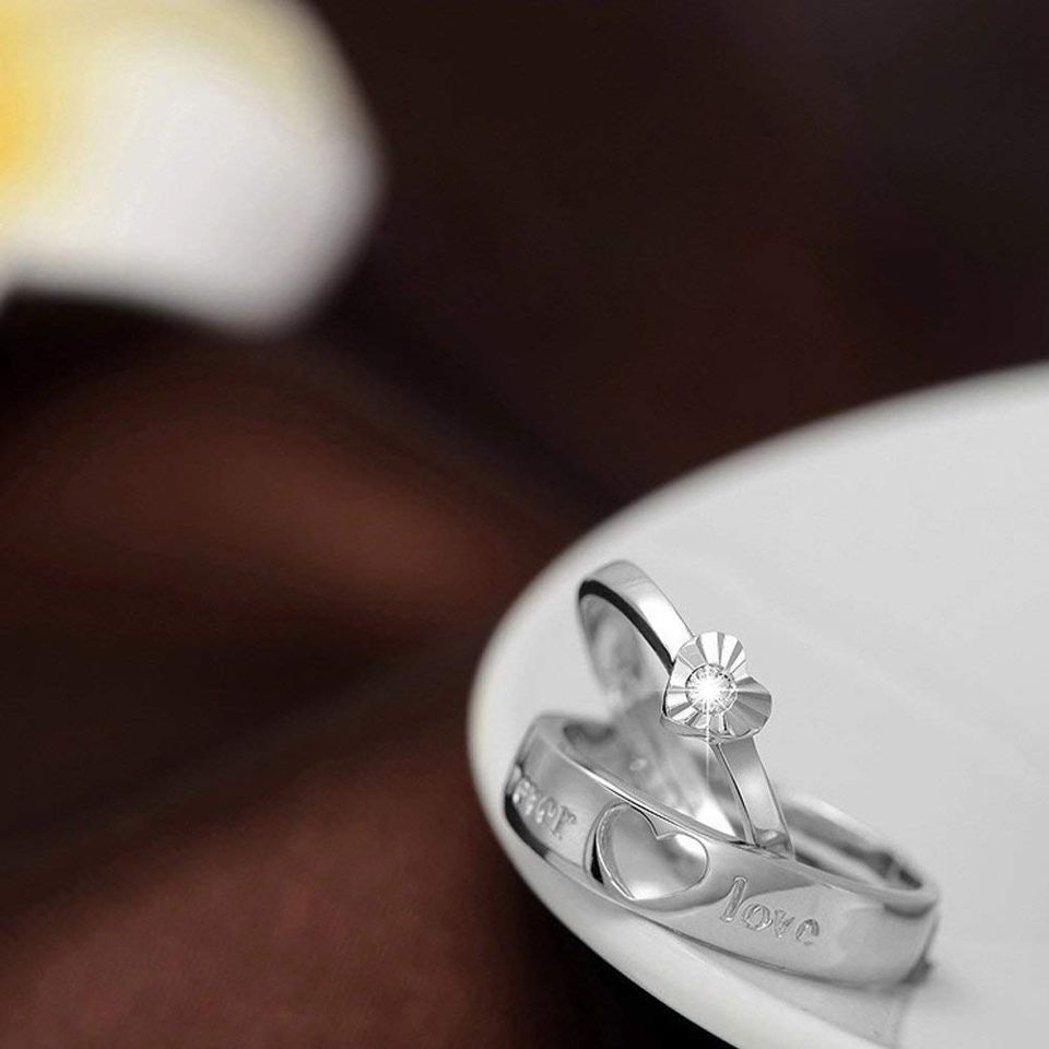 2pcs Sterling Silver Hollow Heart Matching Couple Rings