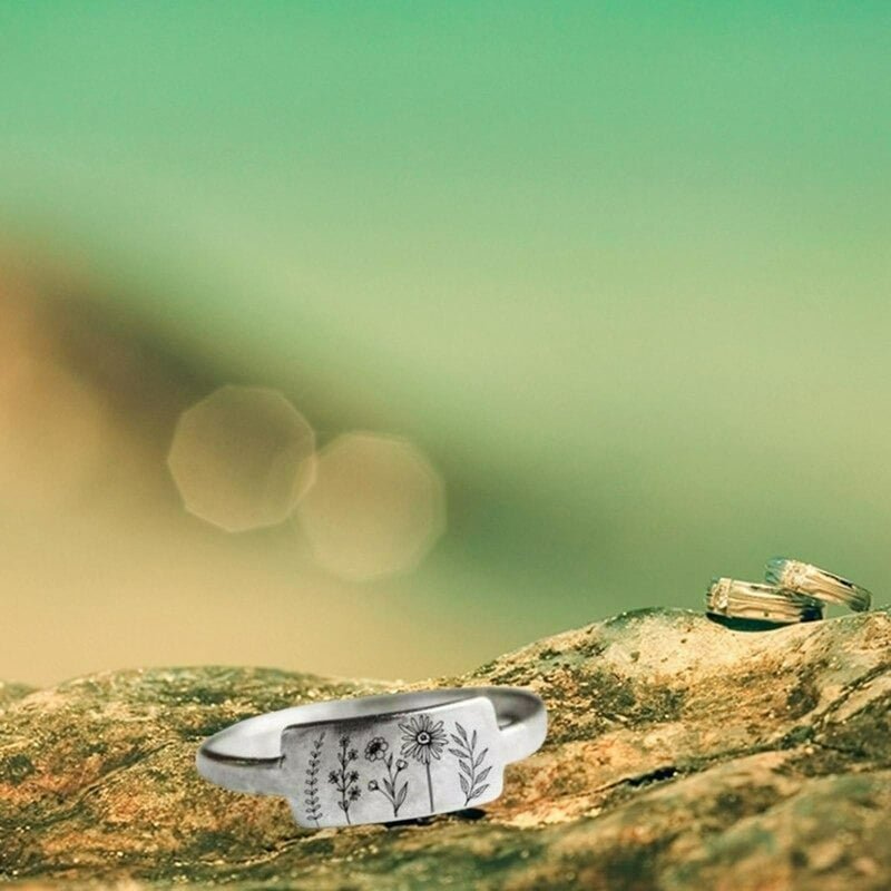 Carved Engraving Wildflowers Dandelion Daisy Silver Ring