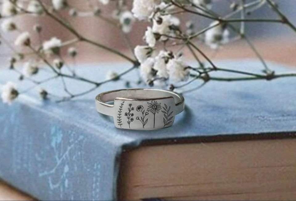 Carved Engraving Wildflowers Dandelion Daisy Silver Ring