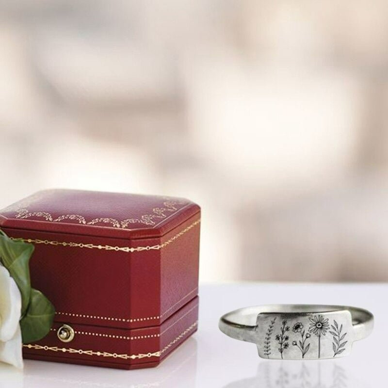 Carved Engraving Wildflowers Dandelion Daisy Silver Ring