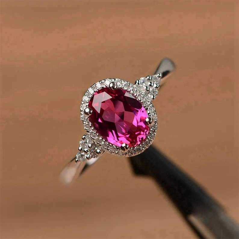 925 Sterling Silver Oval Ruby Red Halo Ring