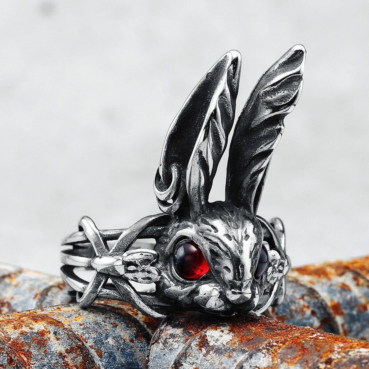 Retro Big Ear Rabbit Red Zircon Silver Open Animal Ring