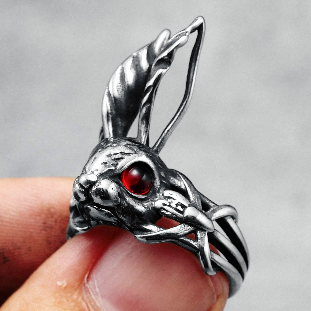 Retro Big Ear Rabbit Red Zircon Silver Open Animal Ring