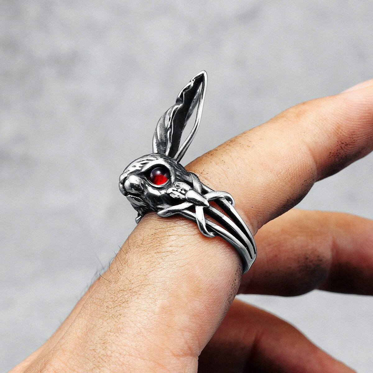 Retro Big Ear Rabbit Red Zircon Silver Open Animal Ring