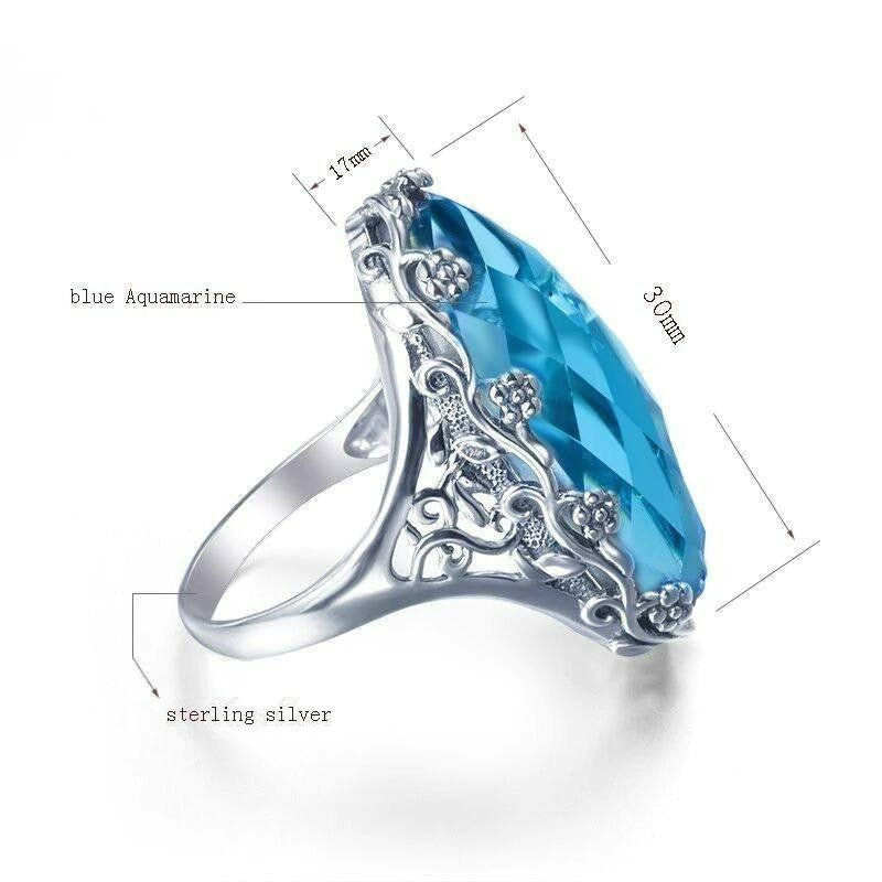 Sterling Silver Long Hollow Blue Aquamarine Flower Ring