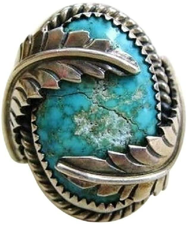 Oval Cut Bohemia Turquoise Vintage Antique Inspired Feather Silver Ring