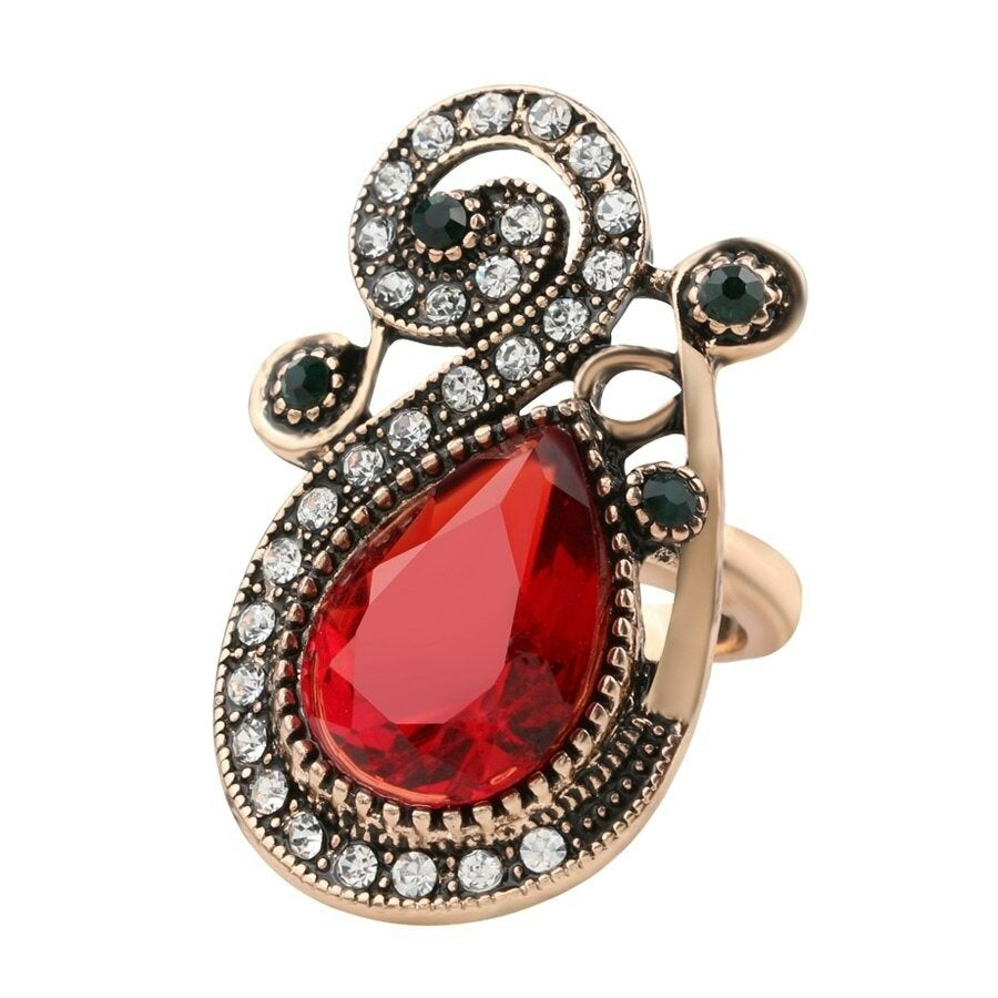 Vintage Ruby Red Teardrop Antique Gold Ethnic Ring