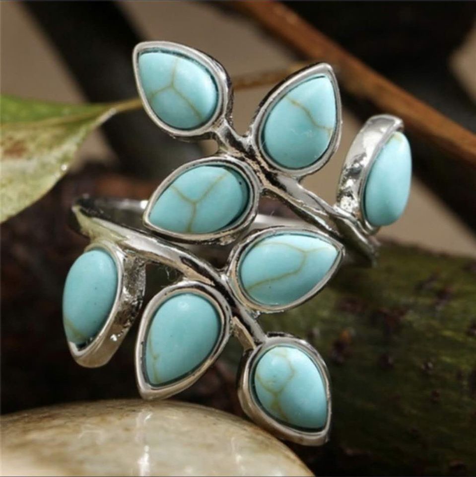 Vintage Blue Turquoise Leaves Open Antique Silver Ring