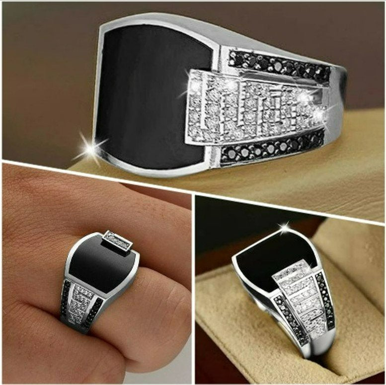 Men's Classic Anillos Black Inlaid Zircon Silver Ring